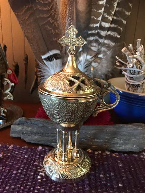 Brass Church-Type Incense Burner, Attached Lid, for Charcoal or Cones