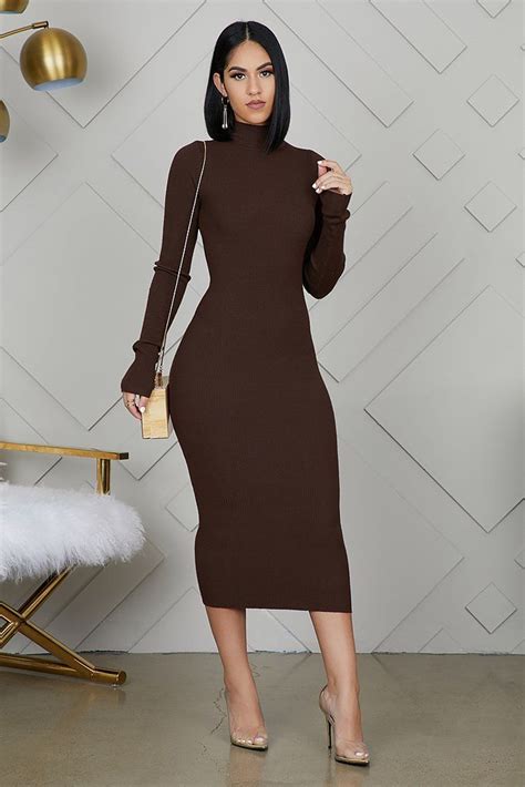 Ribbed High Neck Midi Dress (Dark Brown) | Dress outfits, Gaun kasual ...