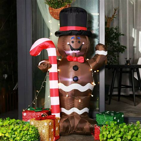 5ft Height Christmas Inflatable LED Lighted Gingerbread Man with Candy Cane Blow up Outdoor Yard ...