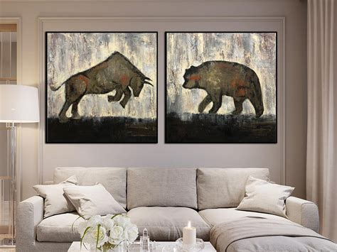 Original Set of 2 Paintings Bull and Bear Painting on Canvas Abstract ...