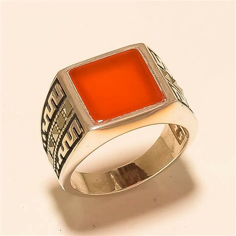 Real Botswana Red Onyx Agate Ottoman Men's Ring 925 Sterling Silver Jewelry Indian Artisan ...