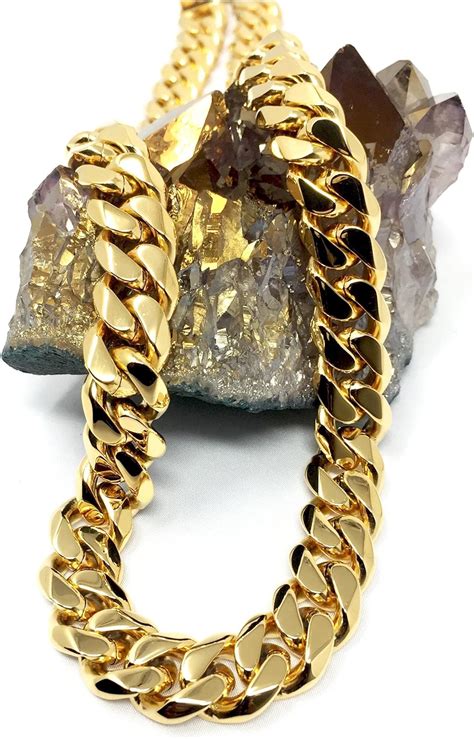 Gold Cuban Link Chain Necklace for Men Real 14MM 24K Karat Diamond Cut ...