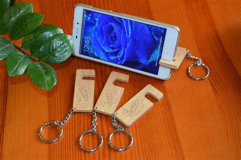 Wooden Smart Phone Stand, Keychain Stand For Smartphone, Compact Smartphone Holder, Wooden ...