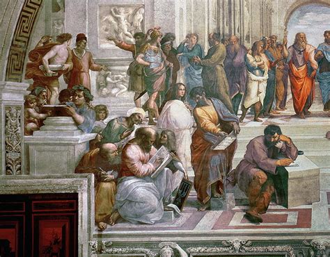 The School of Athens detail from the left hand side showing Pythagoras surrounded by students ...