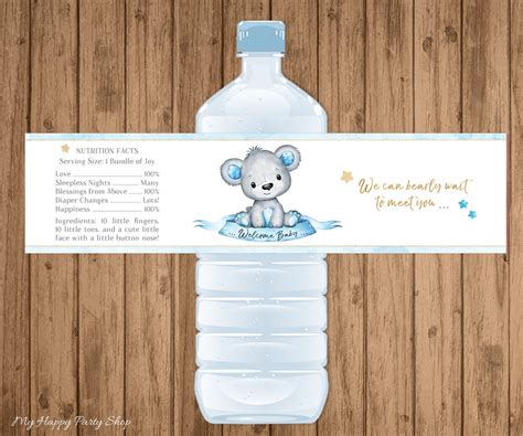 Bear Water Bottle Labels, PRINTABLE, Teddy Bear Baby Shower, Blue Bear Bottle Wraps, Boy Baby ...