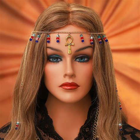 Amazon.com : Sakytal Egyptian Headpiece Gold Ankh Cross Head Chain Beaded Tassel Cleopatra ...