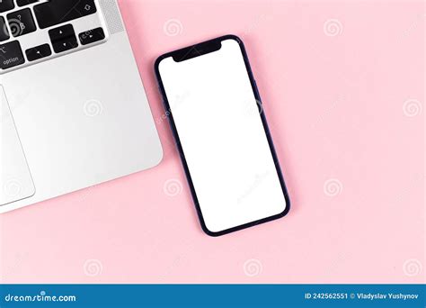 Flat Lay Apple IPhone Screen Mockup, Office Desktop with Laptop, Bright Pink Background. Top ...