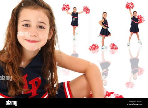 Adorable six year old french american girl cheerleader over white Stock Photo - Alamy