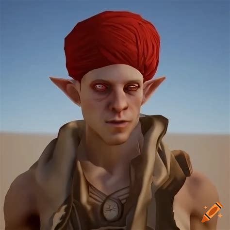 Description of a pale-skinned elf man in a desert with red hair and red eyes on Craiyon