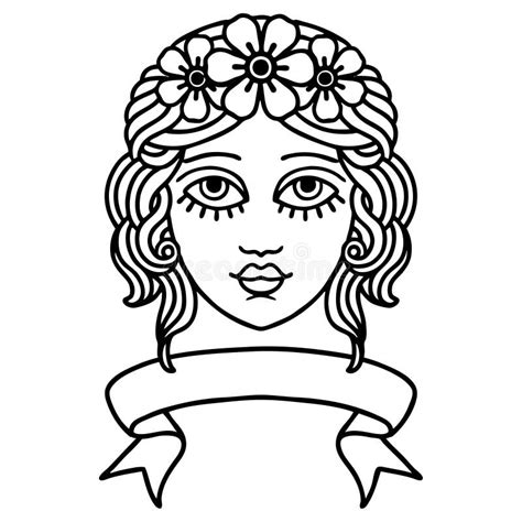 Black Linework Tattoo With Banner Of Female Face With Crown Of Flowers Stock Vector ...