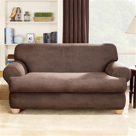 Sure Fit Stretch Leather 2-Piece T-Cushion Sofa Slipcover, Brown ...