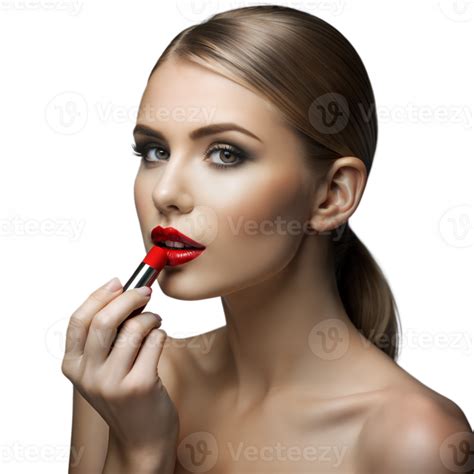 Young woman applying red lipstick with precision 44243774 PNG