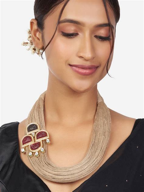 Jute Broach Necklace With Brown & Red Carved Stones - JOULES BY RADHIKA - 3960445