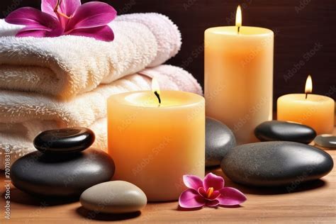 Towels and aroma candles for relax spa massage and body treatment. Composition with candles, spa ...