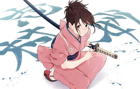 Wallpaper girl, sword, weapon, anime, katana, samurai, artwork, Gintama, kimono, anime girl ...