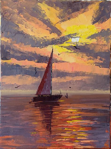 Original Sunset at the Sea Oil Painting Seascape Ocean Painting Sailing ...