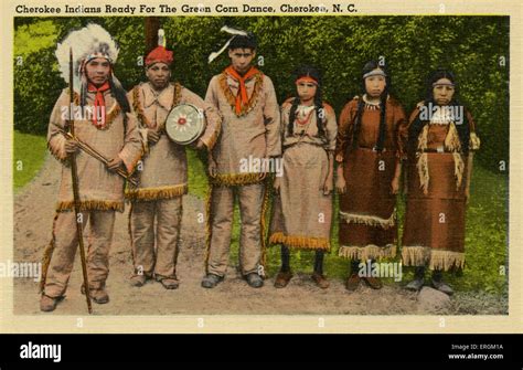 Cherokee Americans dressed for the Corn Dance in Cherokee, North Carolina. After a photograph by ...