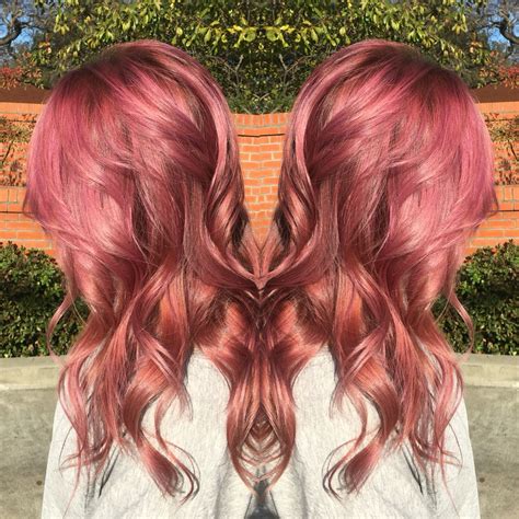 Raspberry, long layers, beach waves, pink hair, rooted, dark roots, Schwarkopf Rose Gold Hair ...