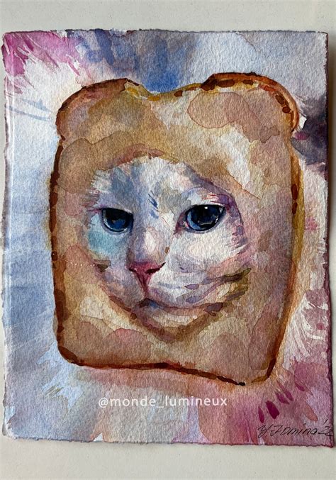 Cat Bread Painting Mini Cat Art Cute Cat Watercolor Art - Etsy