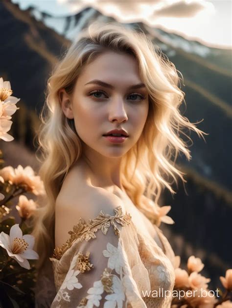 Beautiful FairSkinned Woman in Earthy Lace and Gold Couture Clothing Posing in Mountain Scenery ...