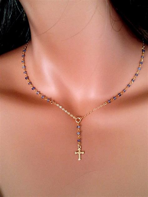 Gold Rosary Necklace Iolite Gemstone Women Girls Dainty Cross Necklaces ...