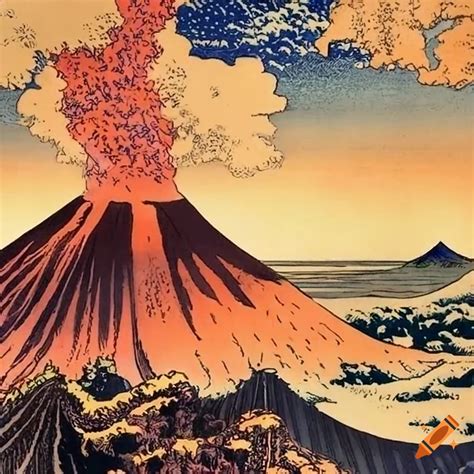 Mount vesuvius painted with hokusai's style