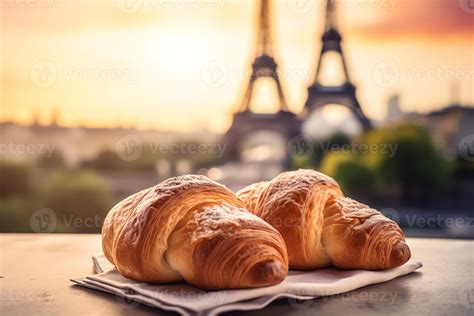 Delicious french croissants on romantic background of eiffel tower ...