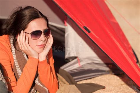 Camping Happy Woman Lying in Tent Alone Stock Image - Image of rest, travel: 19834949