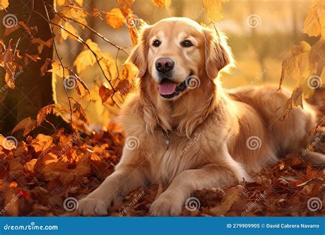 Dog, Golden Retriever Sitting on Autumn Leaves in the Autumn Sunlight. Generative Ai Stock Image ...