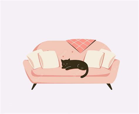 Premium Vector | Black cat sleeping on a pink cozy sofa with pillows