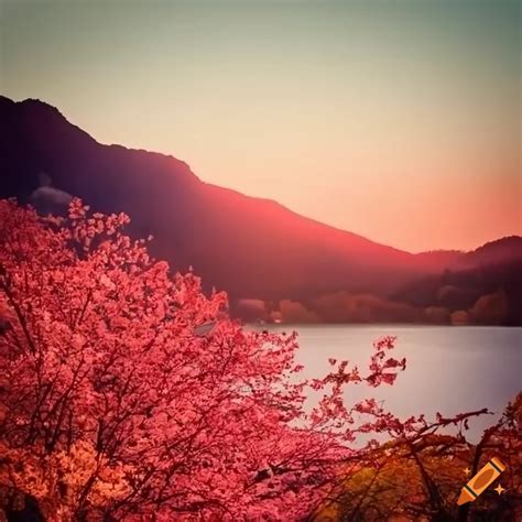 Vivid sunset with cherry blossoms and autumn leaves on Craiyon