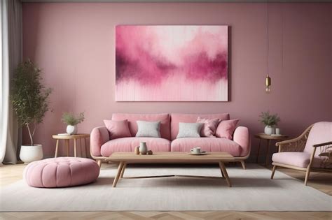 Premium Photo | Pink sofa with patterned pillows and wooden coffee ...