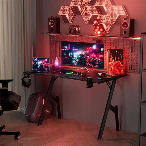 HLDIRECT 47 Inch Gaming Desk with Carbon Fibre Surface Large Computer ...