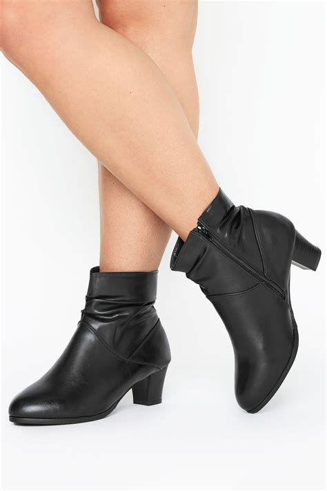 Black Faux Leather Ruched Heeled Ankle Boots In Extra Wide Fit | Long Tall Sally