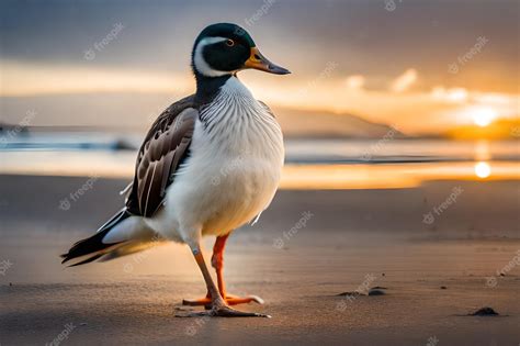 Premium Photo | A duck on the beach at sunset