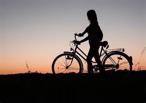 silhouette, woman, holding, bicycle, person, city bicycle, girl, wheel ...