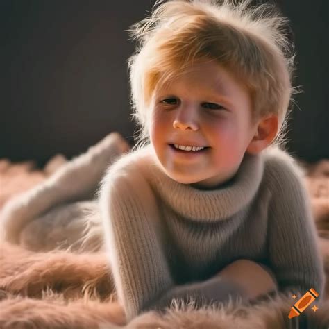 Blond boy wearing fuzzy mohair sweater lying on fur rug