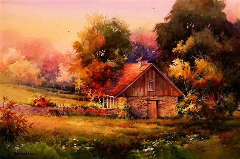 Autumn, countryside, painting, colors, cabin, trees, artwork, HD wallpaper | Peakpx