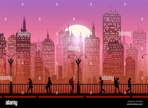 Downtown city wallpaper in the evening landscape wallpaper Sunset Illustration vector style ...