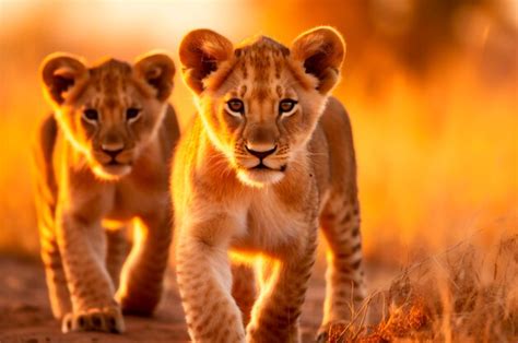 Premium AI Image | Lion cubs in the African savannah during the golden hour of the day AI generated