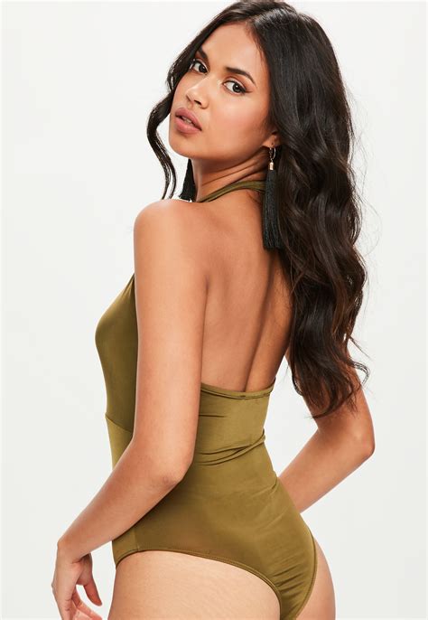 Lyst - Missguided Khaki Plunge Slinky Bodysuit