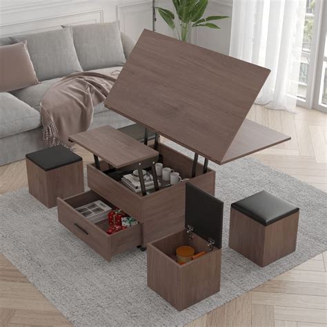 Buy Multifunctional Folding Dining Table Set Lift Top Coffee Table with 4 Storage Ottoman ...