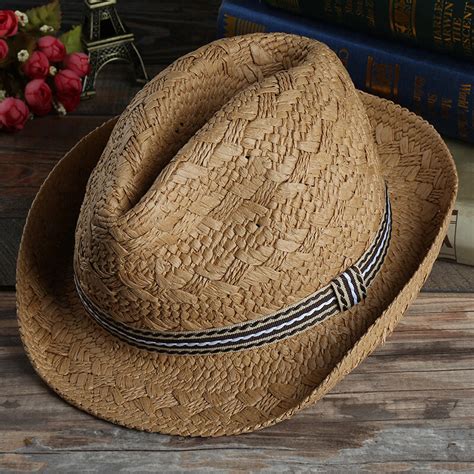 Mens Outdoor Handmade Woven Straw Jazz Hat Sun Protection Short Brimmed ...