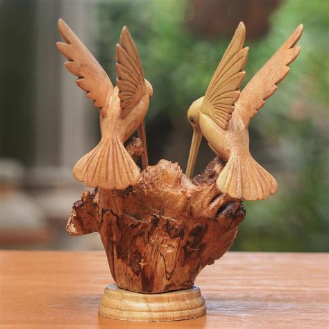 Hand Carved Jempinis Wood Hummingbird Sculpture from Bali - Hummingbird Couple | NOVICA