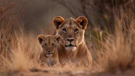 Lion and Cub Hunter Love in Kruger NP South African. Generative AI Stock Illustration ...