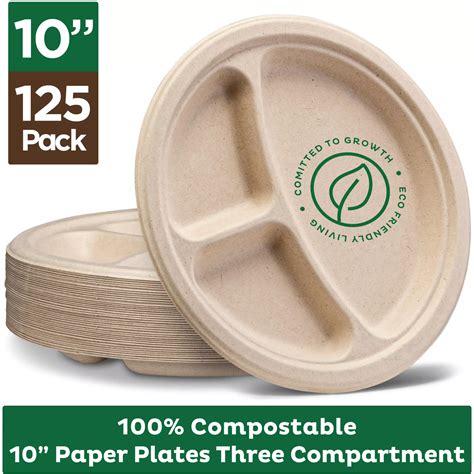 100% Compostable Paper Plates [10 inch - 125-Pack] 3 Compartment Disposable Plates Heavy-Duty ...