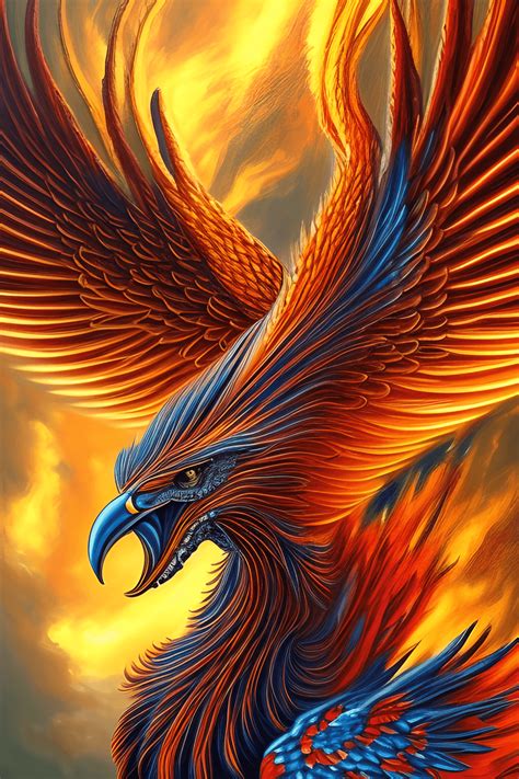 A HD Gorgeous Fire Bird Phoenix HD Highly Detailed Hyper Realistic Oil Painting of a Majestic ...