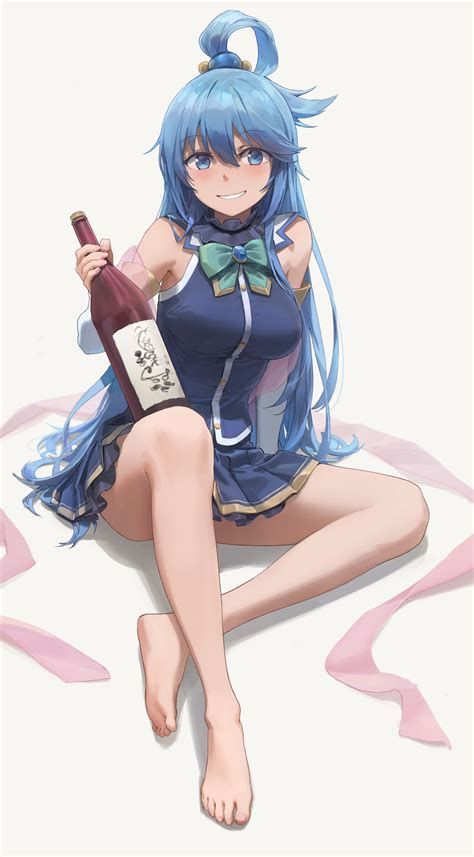 Safebooru - 1girl absurdres aqua (konosuba) bare legs bare shoulders barefoot blue eyes blue ...