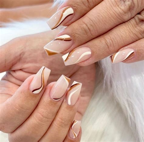 Trends 2021 brown beige waves, neutral long acrylic nail design inspiration, minimalistic aesth ...