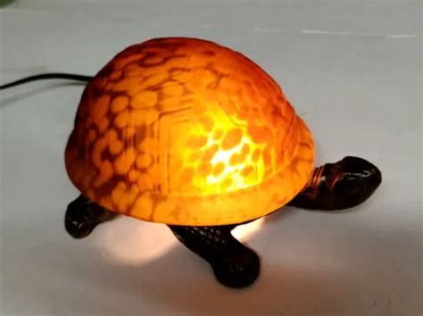 VINTAGE BRONZE TURTLE Tortoise Lamp Amber Glass Shell Table Light ...